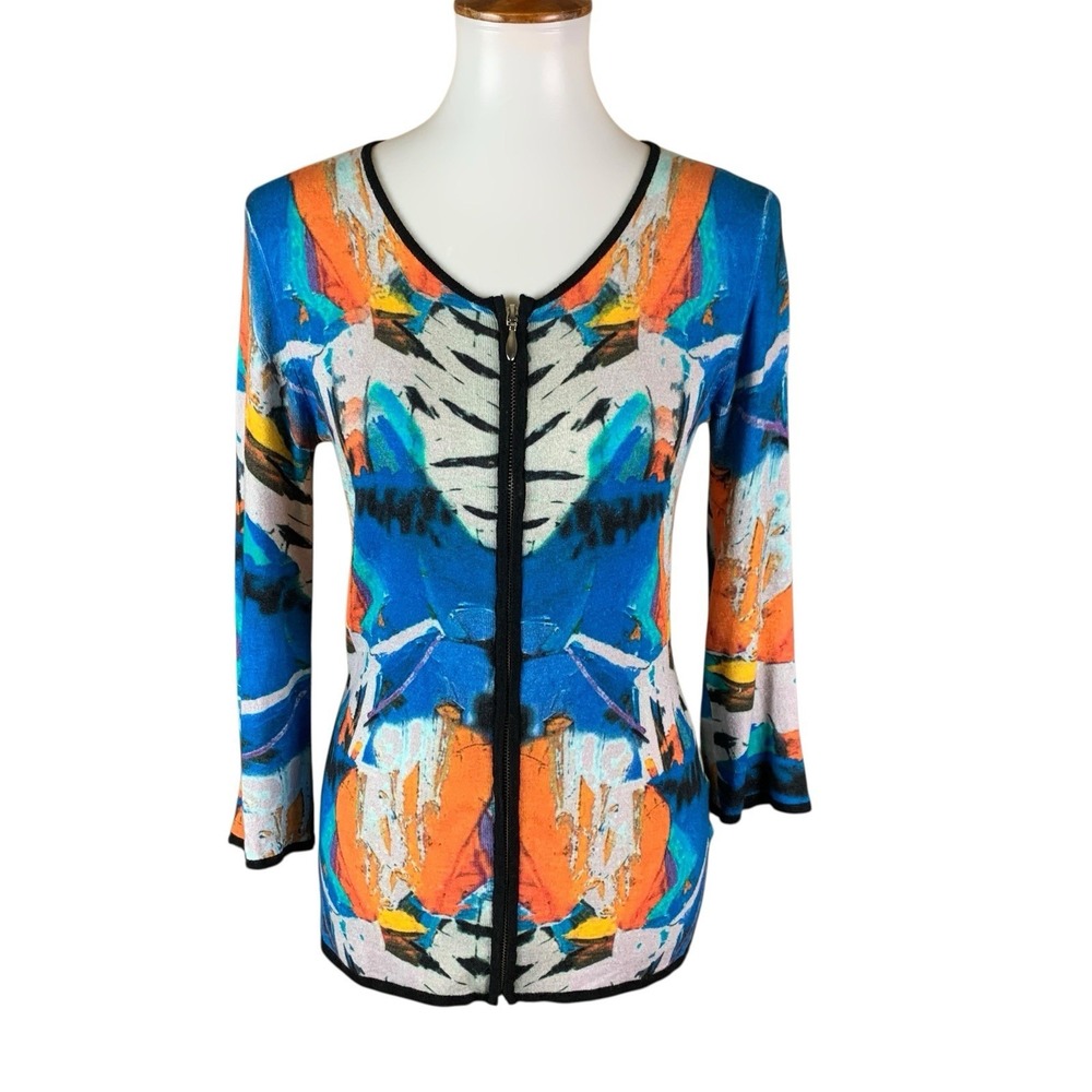 Linea Blu Abstract Zip Cardigan XS Vibrant Bold Print Lightweight Statement‎